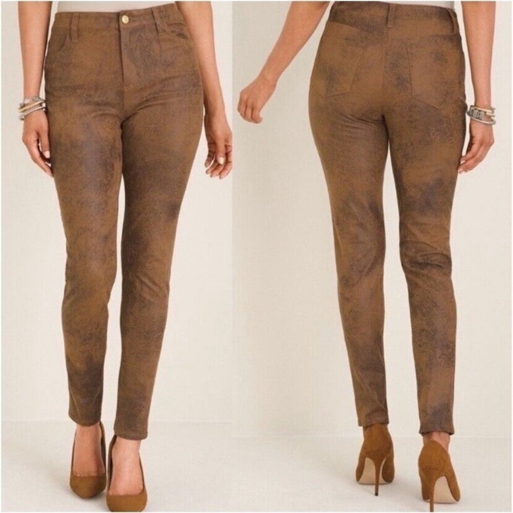 CHICOS FAUX SUEDE LEATHER BROWN WESTERN HIGH RISE SLIM LEG CASUAL PANTS SZ 14P